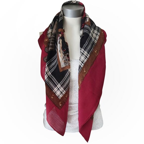 LAUREN RALPH LAUREN square plaid wool retro winter ski sled theme large scarf - Picture 3 of 8